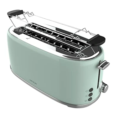 Imagen de Cecotec Tostadora 4 Rebanadas Toast&amp;Taste 1600 Retro Double Inox. 1630 W, 2 Ranuras Anchas de 3,8 cm y Largas, Acero Inoxidable, Varillas Superiores, Potencia Regulable, Bandeja recogemigas