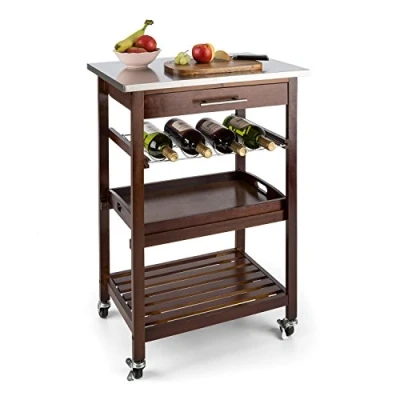Imagen de Klarstein Vermont Carro de Cocina Camarera (Lujoso diseño con Acabados Madera y 4 Pisos, Cuenta cajón Estante para vinos, Ruedas Goma, Acero Inoxidable)