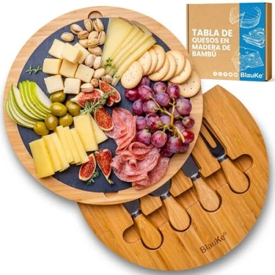 Imagen de Tabla de Quesos con Utensilios e Plato Pizarra Bandeja Madera para Queso Desayuno Aperitivo Bambú Cortar Cocina Bandejas Servir Comida