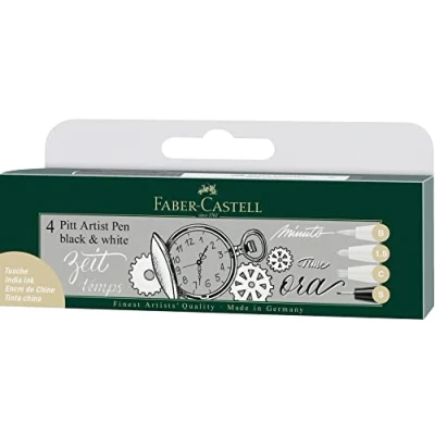 Imagen de Faber Castell 167151 Estuche con 4 rotuladores PITT® Artist Pen blanco y negro. trazos: B = punta de pincel, 1.5 1,5 mm, C para caligrafía color blanco, S 0,3 en negro