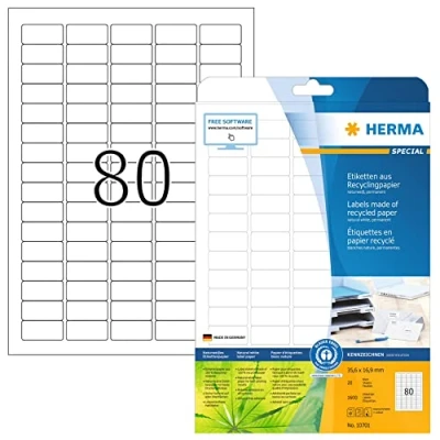 Imagen de HERMA 10701 Etiquetas recicladas, 20 hojas, 35,6 x 16,9 mm, 80 hojas por A4, 1600 unidades, autoadhesivas, imprimibles, mate, en blanco, papel reciclado, blanco natural