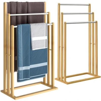 Imagen de Toallero baño set de 2 bambú con 3 barras acero inoxidable