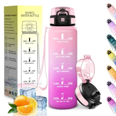 Imagen de HoneyHolly Botella Agua, 500ML, a Prueba de Fugas Cantimplora, Libre BPA Agua para Niños, con Marcador Tiempo, Cantimplora Correr, Andar en Bicicleta, Trabajar, Ir La Escuela