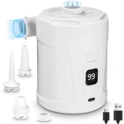 Imagen de Bomba de Aire Eléctrica, 5200 mAh Batería Recargable, para Piscina Infantil, Mini Eléctrica con 3 Boquillas Aire, Inflador Rápido Bote Inflable/Colchón