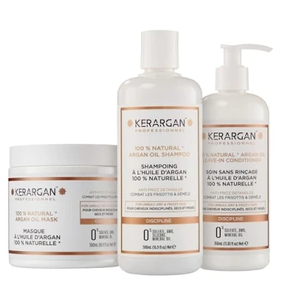 Imagen de Kerargan Trío Disciplinante Champú, Mascarilla &amp; Leave In con Aceite de Argán para Cabellos Indisciplinados, Secos y Rizados Combate el Frizz Desenreda Sin Sulfatos, GMO,Silicona 2x500ml+350ml