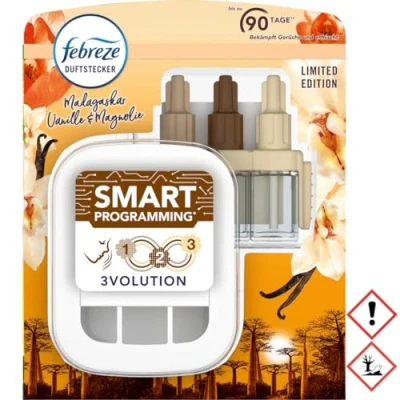 Imagen de Febreze 3Volution Ambientador (20 ml) Madagascar vainilla y magnolia, kit de iniciación con sistema automático aroma fresco, 3 fragancias alternativas para eliminar los olores