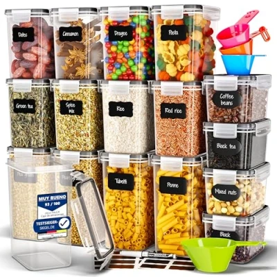 Imagen de Deco haus® Botes Cocina Almacenaje de Plástico Cajas Almacenamiento alimentos Reutilizables con Tapa Hermética Recipientes para Set 16 Tarros sin BPA 0,8L 1,4L 2L