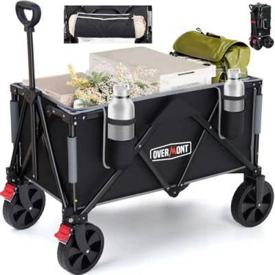 Imagen de Overmont Carro Plegable Gran Capacidad 150L Carrito de Transporte con Ruedas Todoterreno Portátil Mango Ajustable para Compra Playa Jardín Camping Carga Máxima 150kg