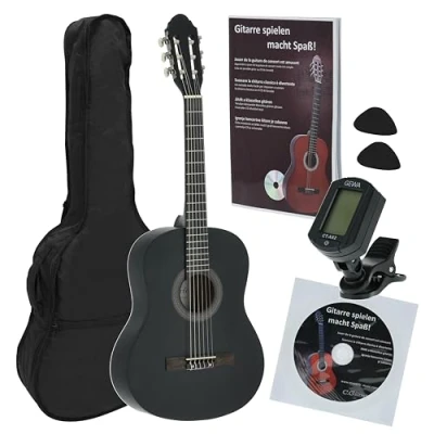 Imagen de Navarrez NV14PK Starter Set guitarra clásica negro 3/4, bolsa/Gig Bag, libro con CD, afinador (tuner),2 púas