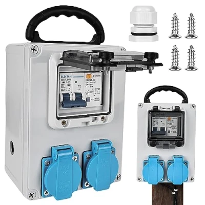 Imagen de distribuidor de corriente para construcción, 250 V, 2 P: pared con interruptor protección FI 32 A, caja distribución IP67, resistente al agua, x 16 IP44,