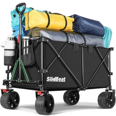 Imagen de SLIDBEAT Carro de Playa Plegable con Ruedas, 226KG 500LBS Gran Carrito Jardín Todo Terreno, Armazón Metálico Triangular Ruedas Freno Desmontables, para Playas, Jardines y Compras.
