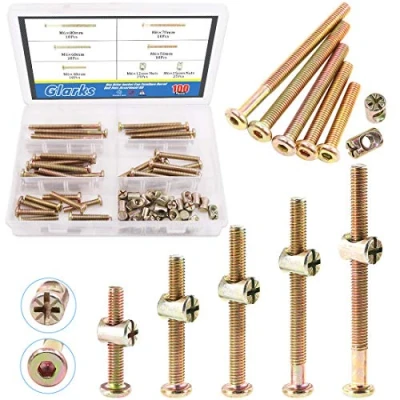 Imagen de Glarks 100 tornillos de cabeza hexagonal chapados en zinc M6 x 40/50/60/70/80 mm, para muebles, pernos cuna con tuercas barril