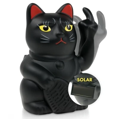 Imagen de ANGRY CAT Mini gato anguloso Lucky Solar accionado divertido saludando japonés con dedo apestoso Artículo decorativo Figura de Brazo medio 10 cm Negro