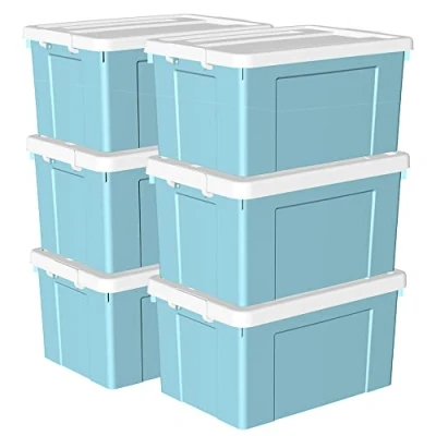 Imagen de Cetomo 90L*6 Caja de Almacenamiento con Ruedas, Plástico Tapa y Cierre Seguro, Contenedor Grande, Duradera, Apilable, Resistentes, Azul, Paquete 6 90L