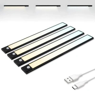 Imagen de Brendz Luz LED Armario con Sensor de Movimiento, Cocina Bajo Mueble, 4 x 40cm, Recargables USB C, 2200mAh, 3 Temperaturas Color, Regulables, Magnético, Barra Cocina, Puyo Negro