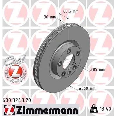 Imagen de ZIMMERMANN COAT Z 600.3248.20 Disco de freno 360 36 6/5 5 130 ventilación interna revestido altamente carbonizado PORSCHE: Cayenne