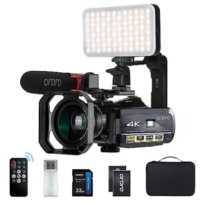 Imagen de ORDRO AC3 4K Videocámara Cámara de Video FHD 1080P 60FPS Youtube Vlogging Visión Nocturna IR con Mic, luz LED, Tarjeta SD 32G