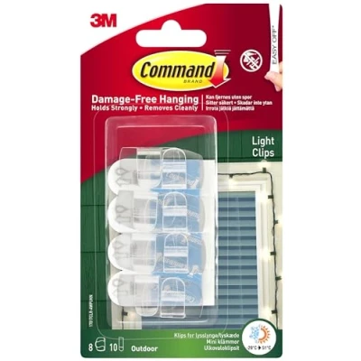 Imagen de Command clips transparentes para luz exterior con tiras adhesivas, 8 mini ganchos y 10 adhesivas pequeñas, de decoración colgar luces al aire libre, sin daños