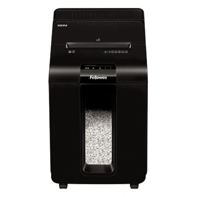 Imagen de Fellowes AutoMax 100M, Destructora trituradora de Papel, Mini Corte (DIN P 4), destruye hasta 100 Hojas Manera automática (10 manualmente), tritura Grapas, Tarjetas crédito y Clips, Color Negro