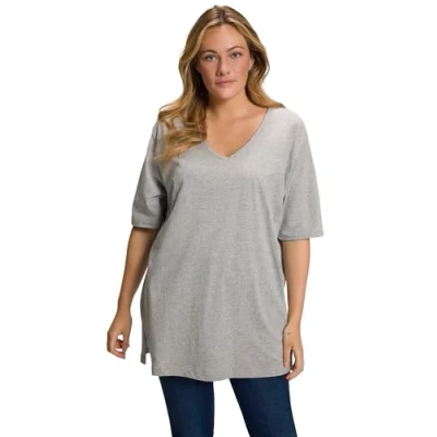 Imagen de Ulla Popken Camiseta de algodón para Mujer, Cuello en V, Relajada, Media Manga, Color Gris Claro., 68 ES/70 ES