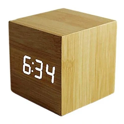 Imagen de ThreeH Reloj Despertador Digital con Inducción Inteligente, luz LED Madera Mini Cubo Escritorio Muestra Hora, Fecha, Temperatura para niños, Viaje AC10 Amarillo_Blanco