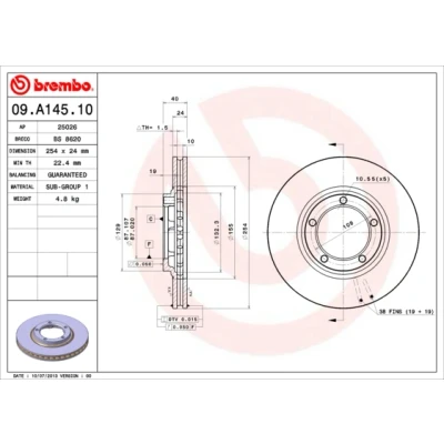 Imagen de BREMBO 09.A145.10 Disco de freno 254 24 5 ventilación interna HYUNDAI: H 1 / Starex MPV, Furgón, Camión plataforma/Chasis
