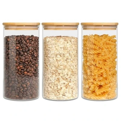 Imagen de ComSaf 900ml Tarros de Hermético con Bambus Tapa, Juego 3 Botes Vidrio Borosilicato Silicona Anillo Sellad, Transparente Cocina Recipientes para Alimentos, Pasta, Cereales