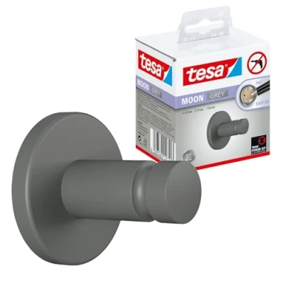 Imagen de tesa® MOON GREY Perchero para Toallas Colgador de Baños Estilo Industrial o Moderno Autoadhesivo, Sin Taladro 37 mm x 36 Blanco Mate