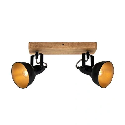 Imagen de Briloner Leuchten 2901 025 foco retro, lámpara de techo vintage, focos giratorios y orientables, 2x E14, máx. 25 vatios, metal madera, negro dorado, 280x110x157mm
