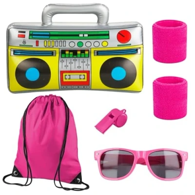 Imagen de TK Gruppe Timo Klingler Kostüheld® 5 en 1 Retro Set 80 90er Outfit Kostüm Vokuhila mit Ghettoblaster, Schweißband, Brille USW. für Fasching &amp; Karneval