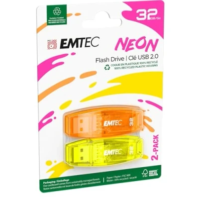 Imagen de EMTEC Memoria Flash USB 2.0 C410, Drive de 32 GB, Lectura 5 MB/S, Escritura 15 Compatible con 2.0, 3.0, Transparente neón Tapa, Paquete 2