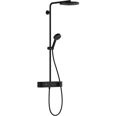 Imagen de hansgrohe Pulsify S, sistema de ducha con termostato, lluvia (260 mm) grifo, mano (3 tipos chorro), flexo, barra, fija redondo (1 tipo negro mate