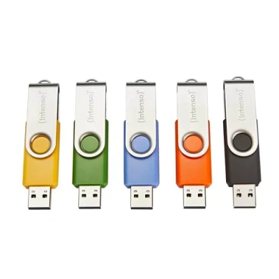 Imagen de Intenso Basic Line Memoria USB 2.0 (5 Unidades, 64 GB, con prácticas Etiquetas, Amarillo, Verde, Negro, Azul y Naranja, Gancho metálico Plateado)