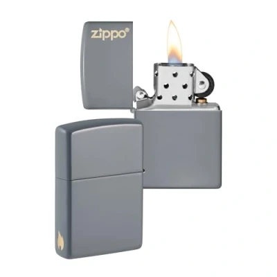Imagen de Zippo Logotipo de y diseño Llama Flat Grey Laser Engrave Mechero, rellenable, en una Caja Regalo halta Calidad