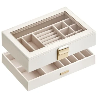 Imagen de SONGMICS Caja Joyero Apilable, de Joyas 2 Capas Grande, Tapa Cristal Transparente, 17 x 28 8,8 cm, para Cajón Tocador, Idea Regalo, Blanco Nube JBC192W01