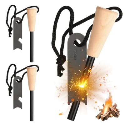 Imagen de 3 piezas de acero para fuego: pedernal supervivencia, juego iniciador fuego con paracord, chispas extremadamente fuerte, fuego, adecuado camping, exteriores,