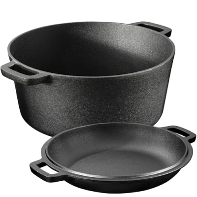 Imagen de Navaris Sarten hierro fundido Con tapa Sartén holandesa 2 asas Apta para cualquier cocina y horno sazonada 32 cm de 4,7 l capacidad manual recetas