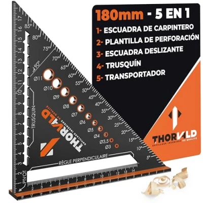 Imagen de Thorvald 5 en 1 Escuadra Carpintero 180 mm Multifunción Trusquin/Raportor/Plantilla de perforación/Escuadra sombrero Aluminio Herramienta para ahorrar tiempo