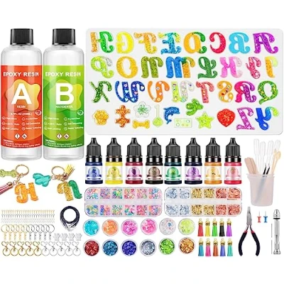 Imagen de Kit Resina Epoxi Transparente, 218 Piezas Manualidades con Letras Moldes de Silicona, y el Endurecedor, Pigmentos, Lentejuelas, Pan Oro, para hacer Llavero, Joyas
