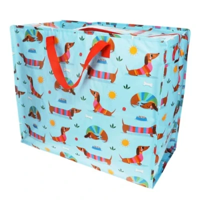 Imagen de Bolsa gigante azul XXL con cremallera, diseño de perro salchicha, aprox. 58 x 28 48 cm