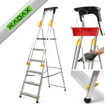 Imagen de KADAX Escalera de Aluminio, pie con pasamanos, soporta hasta 150 kg, en 3 Versiones, Plegable para el hogar Compartimento Cepillo (6 Niveles)