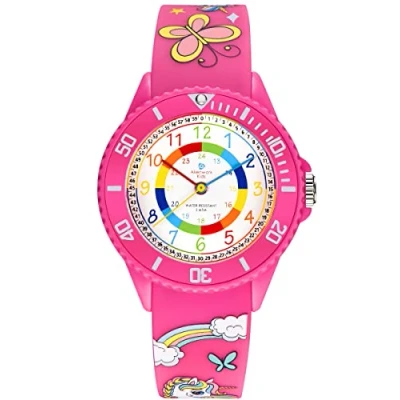 Imagen de Alienwork Unicornio Chica Reloj de Aprendizaje Infantil Niña Rosa Pulsera Silicona Abigarrado niños Impermeable 5 ATM Tiempo Aprender