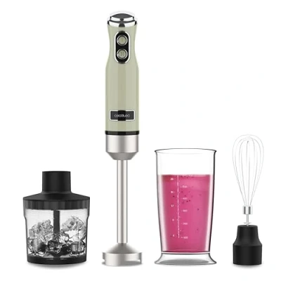Imagen de Cecotec Batidora de Mano Power RetroGreen 1200MAX Cream&amp;Crush, Potencia Máxima 1200 W, Tecnología CrossBlades, 2 velocidades, Set accesorios aptos lavabajillas, Campana antisalpicaduras