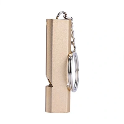 Imagen de Silbato de emergencia supervivencia con doble agujeros aluminio alta frecuencia para salvavidas llavero senderismo al aire libre, camping, escalada (color oro)