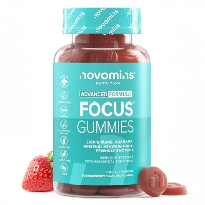 Imagen de Nootrópico Natural 60 Focus Gominolas con Ashwagandha, Melena de León, Gingko Biloba, Ginseng, Vitamina B12, Cafeína y Probiótico Suplementos para Energía, Memoria Concentración Novomins