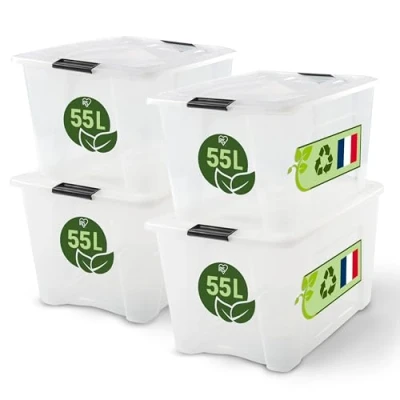 Imagen de Iris Ohyama, Caja de Almacenamiento Plástica con Tapa, 55L, Lote 4, Transparente, Clips Cierre, Asa, Apilable, Organización Sólida y Duradera, para Habitación, Vestidor, Oficina, BSB 55