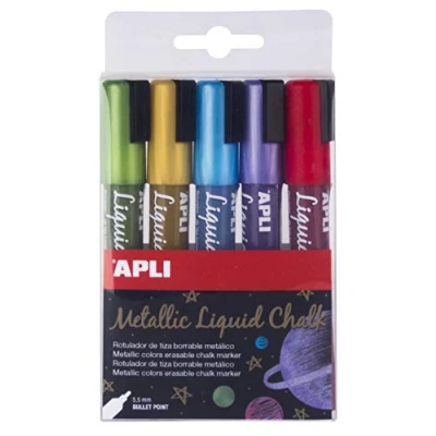 Imagen de APLI 17082 Pack de 5 Rotuladores Tiza Borrable, 5,5 mm, Liquid Chalk Punta Redonda, Multicolor (Amarillo/Azul/Lila/Rojo/Verde)