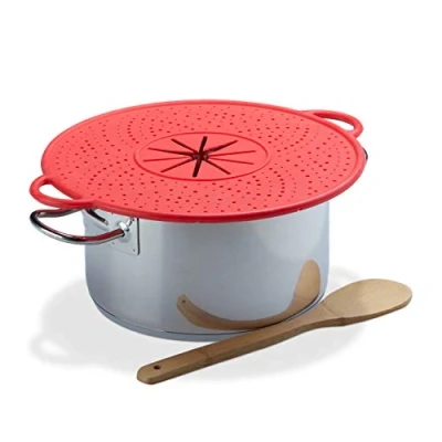 Imagen de Relaxdays Tapa Antisalpicaduras, Vaporera Silicona, Salvamanteles para Ollas, Resistente al Calor, 30 cm, Rojo