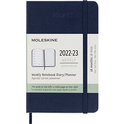 Imagen de Moleskine Agendas de 18 meses 2022 2023, Agenda Semanal con Tapa Dura y Cierre Elástico, Tamaño Bolsillo 9 x 14 cm, Color Azul Zafiro