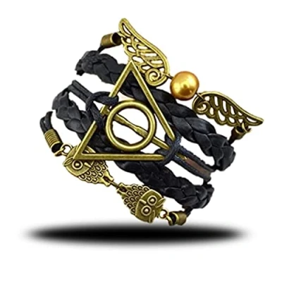 Imagen de Qazuwa Pulseras de,Mujer Pulseras,Brazalete Tejido a Mano Pulsera de Cuero PU Vintage Ajustable Con Alas y Búhos Snitch Dorados,Para Hombres Mujeres,Regalo Para Amantesz,negro